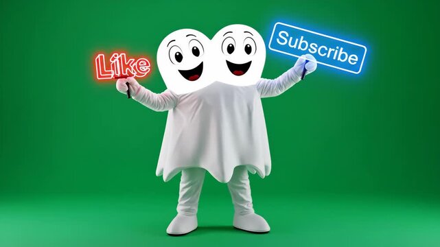 Two-Headed Ghost Mascot Promoting Engagement - A whimsical two-headed ghost mascot stands against a vibrant green background, cheerfully holding a neon "Like" sign in one hand and a glowing