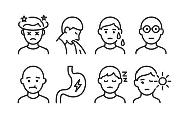 Hangover Symptoms Icons. Outline icon set of hangover symptoms: dizziness, vomiting, sweating, blurred vision, dry mouth, stomach ache, fatigue, sensitivity to