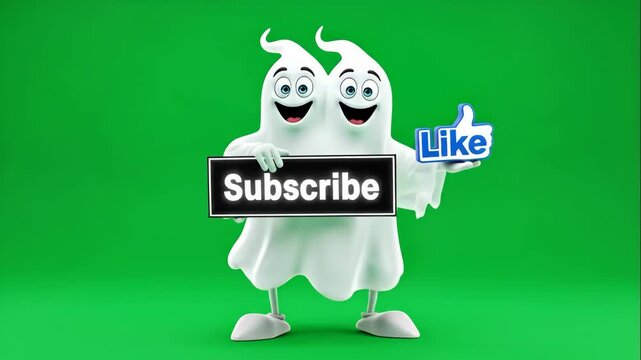 Cheerful Two-Headed Ghost Mascot Promoting Engagement - This lively two-headed ghost mascot stands against a vibrant green background, holding a sign that reads "Subscribe" in one hand and a blue
