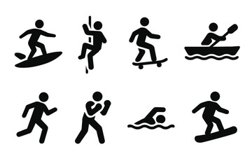 Obraz premium Solo Sports Icons. Solid, filled icon set of solo sports: solo surfer, solo climber, solo skateboarder, single kayaker, solo runner, lone boxer, solo swimmer,