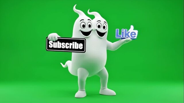 Two-Headed Ghost Mascot Promoting Subscribe and Like - This lively two-headed ghost mascot is cheerfully holding a "Subscribe" sign in one hand and a "Like" sign in the other.