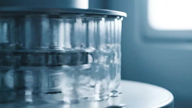 Close-up of a clear cylindrical container with multiple compartments on a metal table in a laboratory setting with a blurred background.