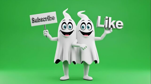 Cheerful Two-Headed Ghost Mascot Promoting Engagement - This whimsical video features a two-headed ghost mascot holding a sign that says "Subscribe" in one hand and "Like" in the other.