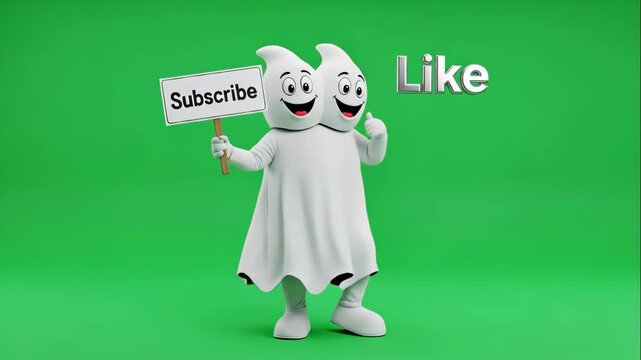 Two-Headed Ghost Mascot Promoting Subscription and Likes - A cheerful two-headed ghost mascot stands on a bright green background, holding a sign that says "Subscribe.