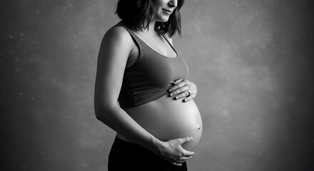 Monochrome Portrait of a Young Pregnant Woman Embracing Her Belly