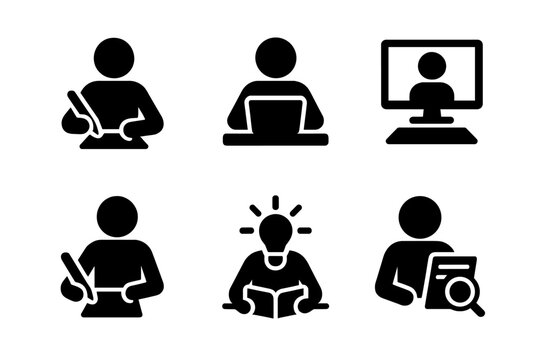 Desk Activity Icons. Solid, filled icon set of desk activities: writing, typing, reading, video call, drawing, planning, brainstorming, reviewing. [Solid,