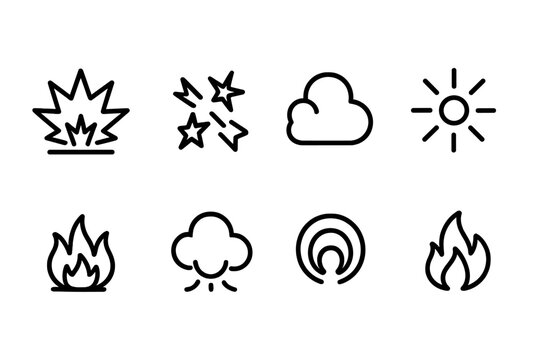Grenade Effects Icons. Outline icon set of grenade effects: explosion blast, shrapnel, smoke screen, flash burst, stun effect, fire, gas cloud, concussion