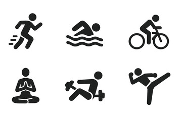 Sports Icon Set. Solid, filled icon set of sports courses: running, swimming, cycling, yoga, pilates, weightlifting, aerobics, martial arts. Solid, filled
