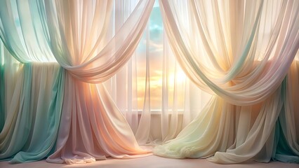 Pastel colored curtains with soft light shining through the window behind it