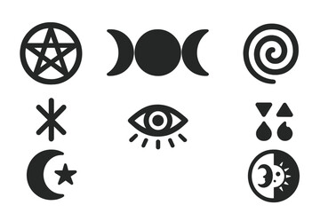 Witchcraft Symbols Grid. Solid, filled icon set of witchcraft symbols: pentagram, triple goddess, protection sigil, spiral, eye symbol, elemental icons,