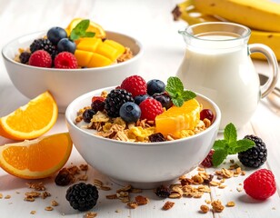 Healthy breakfast bowls with granola, fruit, and milk