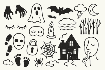 Eerie Doodle Compilation. Hand-drawn doodle illustration darkness and fear shadow hands, ghost, closed eyes, mask, bat, candle, fog, dark forest, footprints,