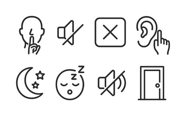 Fototapeta premium Silent Signal Icons. Outline icon set of silent signals: finger on lips, no sound symbol, quiet zone sign, ear with hush gesture, moon and stars for night