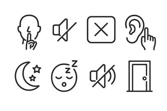 Silent Signal Icons. Outline icon set of silent signals: finger on lips, no sound symbol, quiet zone sign, ear with hush gesture, moon and stars for night