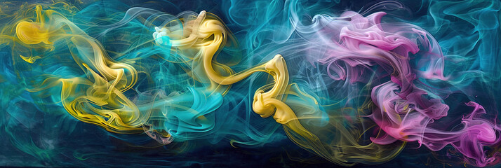 Fototapeta premium Colorful smoke swirls in shades of blue, yellow, pink, and green against a dark background. The abstract design creates a dynamic and vibrant visual effect.