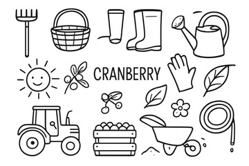 Cranberry Farming Tools. Hand-drawn doodle illustration Cranberry agriculture tools rake, shovel, basket, boots, gloves, watering can, tractor, crate, sun,