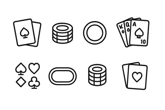 Poker Essentials Icons. Outline icon set of poker: playing cards, poker chips, dealer button, royal flush, card suits, poker table, stack of chips, winning