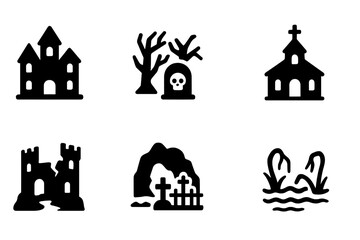 Cursed Places Icon Set. Solid, filled icon set of cursed places: haunted house, dark forest, cursed tomb, abandoned church, ruined castle, shadowy cave, old