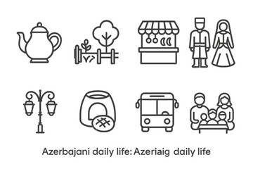 Azerbaijani Life Icons. Outline icon set of Azerbaijani daily life: tea pot, garden, market stall, traditional clothes, street lamps, bread oven, public