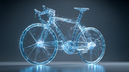 Futuristic bike rendered in blue, a digital wireframe, with glowing lines