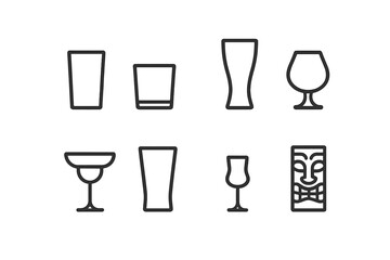 Bar Glassware Icons. Outline icon set of bar glassware: highball glass, lowball glass, pilsner glass, snifter, margarita glass, pint glass, cordial glass, tiki