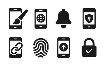 Mobile Banking Icons. Solid, filled icon set of mobile banking settings and personalization: theme, language, notifications, security settings, linked devices,