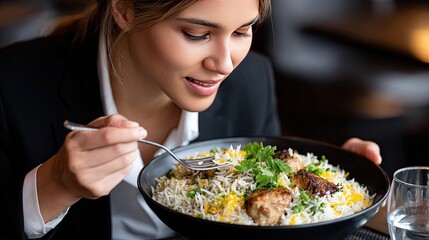 A woman shares her excitement as she enjoys a table filled with diverse and colorful dishes, showcasing culinary variety and joy