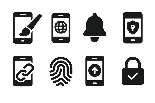 Mobile Banking Icons. Solid, filled icon set of mobile banking settings and personalization: theme, language, notifications, security settings, linked devices,