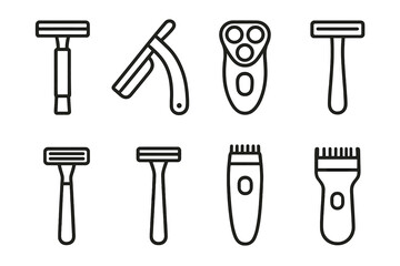 Razor Icons Collection. Outline icon set of razor types: safety razor, straight razor, electric razor, disposable razor, cartridge razor, beard trimmer, body
