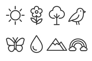 Nature Icon Set. Outline icon set of passion nature: sun, flower, tree, bird, butterfly, water droplet, mountain, rainbow. Line icons in only black color,