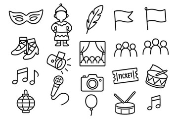 Cultural Festive Illustrations. Hand-drawn doodle illustration Cultural costumes and masks mask, costume, feather, flag, dance shoes, spotlight, stage, crowd,