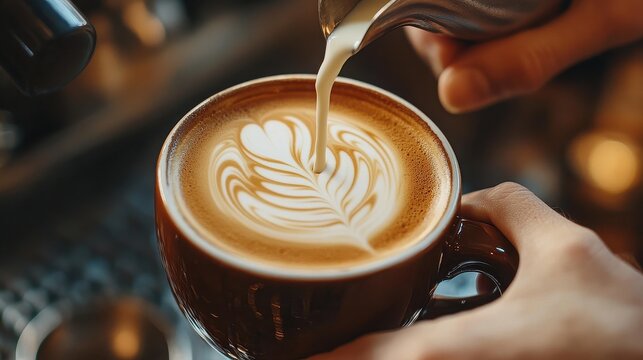 Pouring milk into a cup of coffee creating latte art with a heart and leaf design on top of the coffee