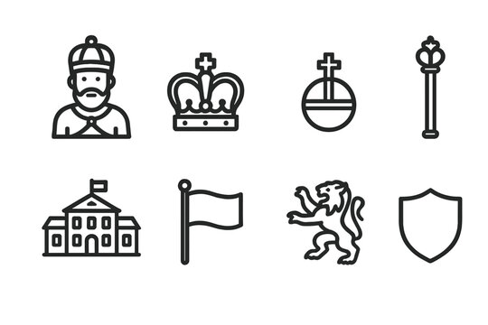Imperial Icons Set. Outline icon set of imperial power: emperor, crown jewels, orb, scepter, palace, flag, lion, shield. Line icons in only black color,