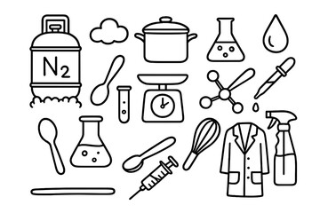 Nitrogen Cooking Doodles. Hand-drawn doodle illustration Nitrogen freezing in cooking nitrogen tank, cloud, cooking pot, flask, droplet, pipette, spoon, test