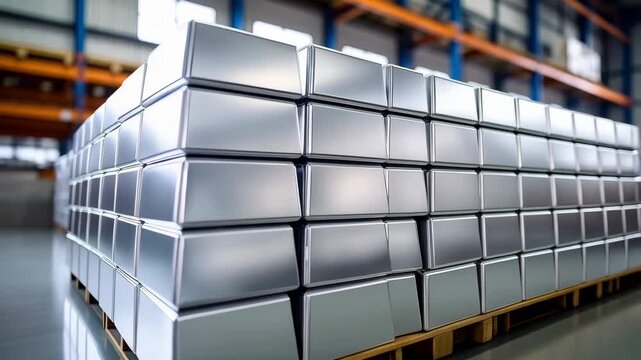 Aluminum ingots stacked on wooden pallets in warehouse, showcasing metal production and logistics, industrial scene with silver bars for supply chain concepts
