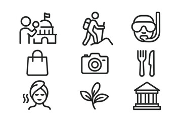 Fototapeta premium Travel Activity Icons. Outline icon set of travel activities: sightseeing, hiking, snorkeling, shopping bag, camera, dining, spa, museum. Line icons in only