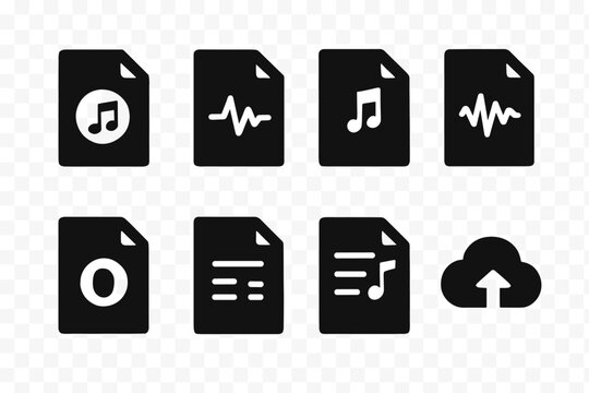 Audio Format Icons. Solid, filled icon set of recording file formats: mp3, wav, aiff, flac, ogg, midi, playlist, cloud upload. Solid, filled icons in only