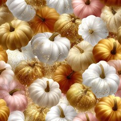 Collection of decorative pumpkins in shades of pink, black, gold, and white, surrounded by leaves for autumn-themed decor SEAMLESS PATTERN