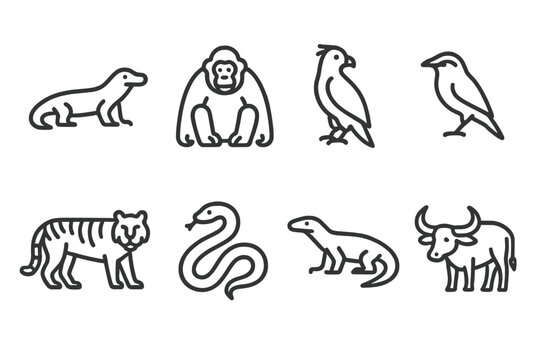 Indonesian Animal Icons. Outline icon set of Indonesian animals: Komodo dragon, orangutan, Javan hawk-eagle, Bali starling, tiger, python, monitor lizard,