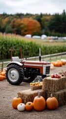 A vintage tractor stands among colorful pumpkins at a harvest festival with a backdrop of autumn foliage and distant buildings