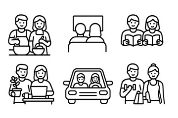 Couple Lifestyle Icons. Outline icon set of couple lifestyle: cooking together, watching TV, reading books, gardening, working on laptop, traveling by car,