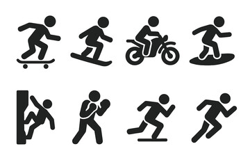 Action Sports Icons. Solid, filled icon set of boldness in action sports: skateboarder, snowboarder, motocross bike, surfer, rock climber, boxer, parkour jump,