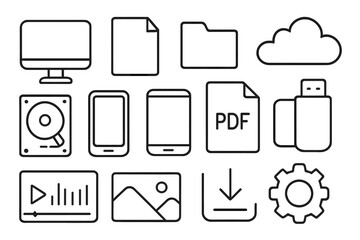 Digital Storage Icons. Hand-drawn doodle illustration digital format computer monitor, file icon, folder, cloud storage, USB drive, hard disk, smartphone,