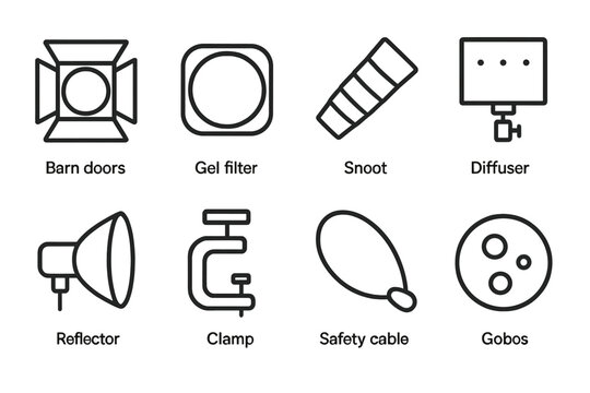 Outline Icon Sets. Outline icon set of lighting accessories: barn doors, gel filter, snoot, diffuser, reflector, clamp, safety cable, gobos. Line icons in only