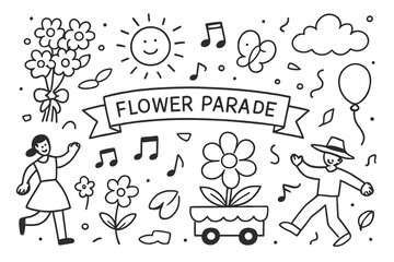 Flower Parade Doodle. Hand-drawn doodle illustration Flower parade flower bouquet, petal, float, butterfly, ribbon, balloon, people dancing, sun, music notes,