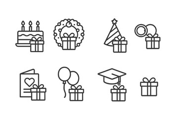 Gift Occasion Icons. Outline icon set of gift occasions: birthday cake with gift, holiday wreath with gift, party hat and gift, anniversary rings and gift,