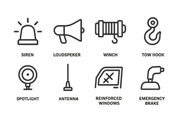 Fototapeta premium Vehicle Equipment Icons. Outline icon set of vehicle equipment and accessories: siren light, loudspeaker, winch, tow hook, spotlight, antenna, reinforced