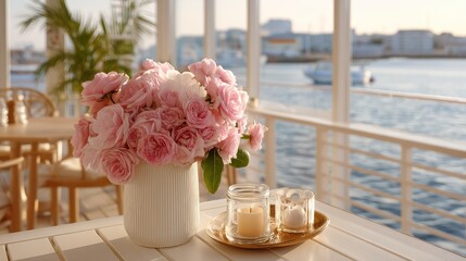 Delicate white flowers in glass vases are positioned on a wooden table, illuminated by warm candlelight in a cozy atmosphere