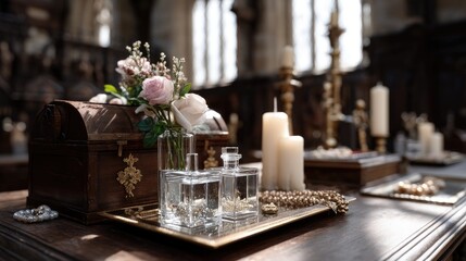 Delicate white flowers in glass vases are positioned on a wooden table, illuminated by warm candlelight in a cozy atmosphere
