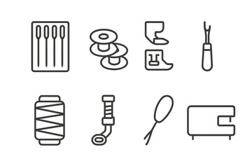 Sewing Accessories Icons. Outline icon set of sewing machine accessories: extra needles, bobbins, presser feet set, seam ripper, thread spool, quilting foot,